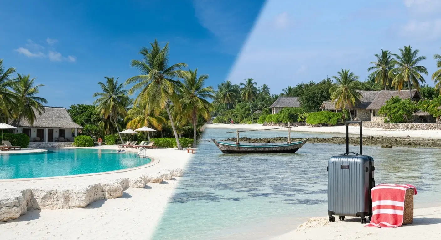 Porównawcza scena plaży resortowej Dominikany i wybrzeża Zanzibaru z odpływem oraz łodzią dhow