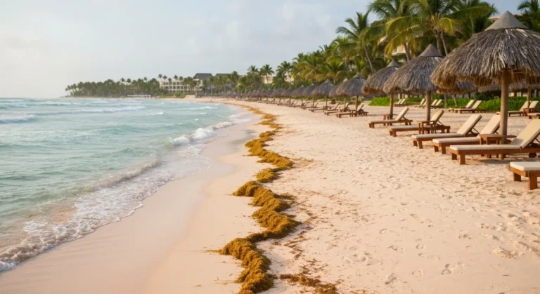 Plaża hotelowa w Punta Cana z leżakami, falami i pasem brunatnych glonów przy brzegu
