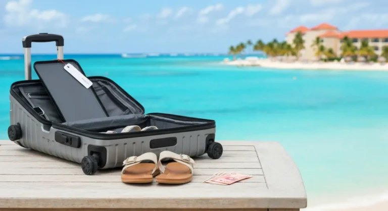 Walizka, bagaż i pesos na tarasie hotelu przy plaży w Punta Cana