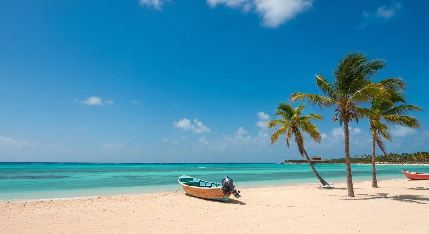 Spokojna plaża Punta Cana z turkusowym morzem, palmami i drewnianą łodzią w słoneczny dzień