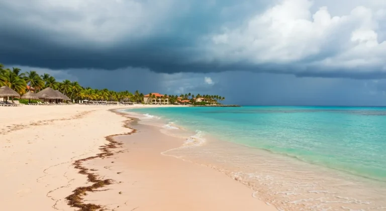 Plaża w Punta Cana w maju z sargassum, ciepłym oceanem i tropikalnymi chmurami