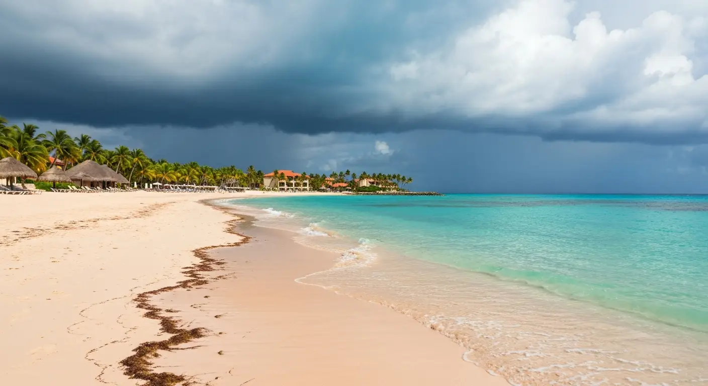 Plaża w Punta Cana w maju z sargassum, ciepłym oceanem i tropikalnymi chmurami