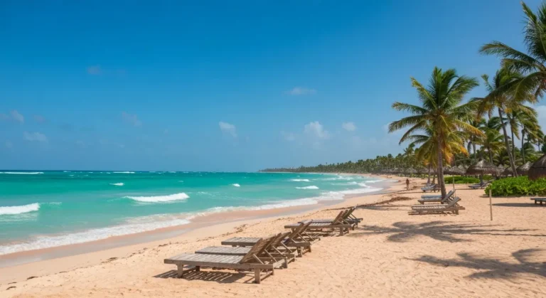 Styczniowy poranek na plaży w Punta Cana z falującym oceanem i palmami na wietrze