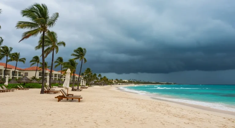 Pusta plaża w Punta Cana podczas wilgotnej wrześniowej pogody z ciemnymi chmurami