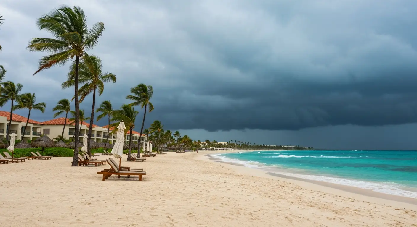 Pusta plaża w Punta Cana podczas wilgotnej wrześniowej pogody z ciemnymi chmurami