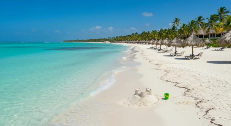 Spokojna plaża w Punta Cana z płytką turkusową wodą i palmowymi parasolami