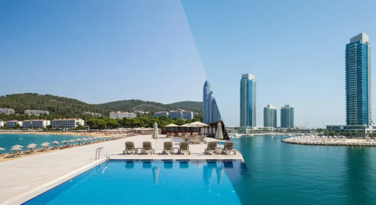 Porównanie hotelowego basenu na Riwierze Tureckiej z miejską plażą i mariną w Dubaju