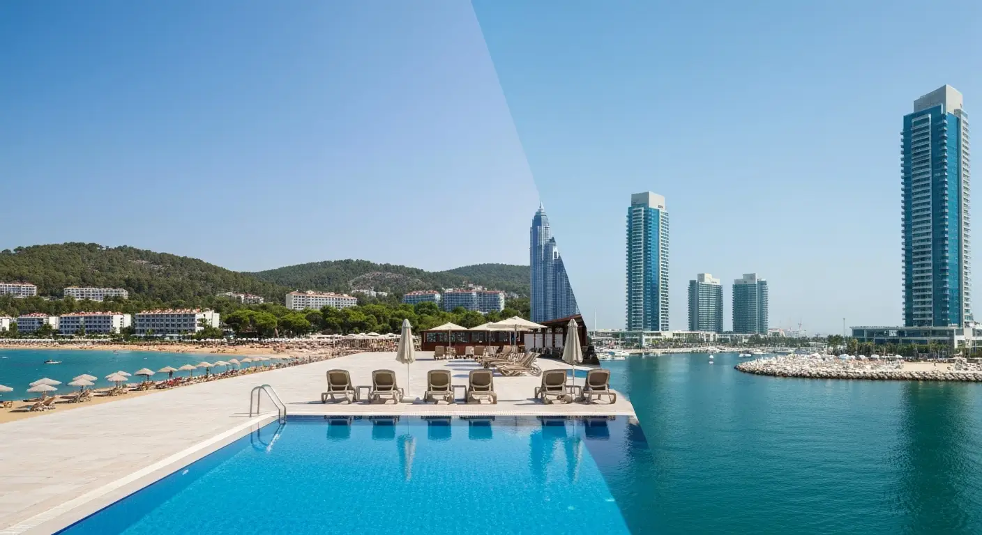 Porównanie hotelowego basenu na Riwierze Tureckiej z miejską plażą i mariną w Dubaju