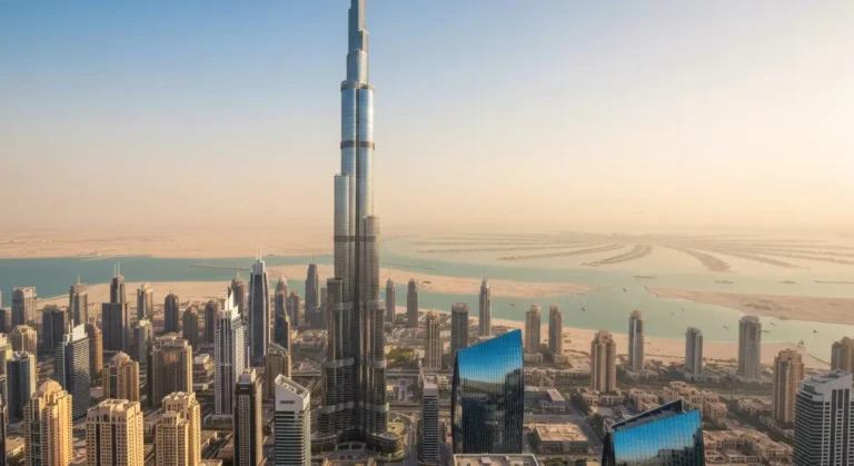 Panorama Dubaju z Burdż Chalifa - wieżowce, Zatoka Perska i Palm Jumeirah o poranku