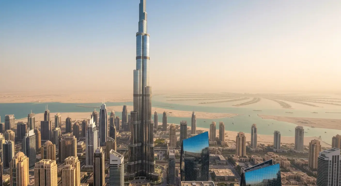 Panorama Dubaju z Burdż Chalifa - wieżowce, Zatoka Perska i Palm Jumeirah o poranku