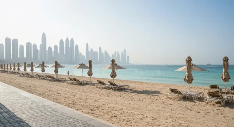 Pusta plaża Jumeirah w Dubaju latem z gorącym morzem i wieżowcami Dubai Marina w tle