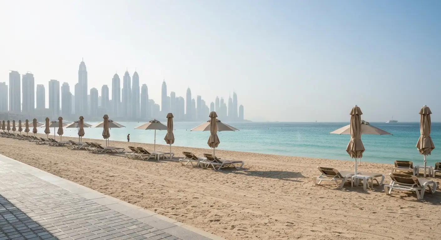 Pusta plaża Jumeirah w Dubaju latem z gorącym morzem i wieżowcami Dubai Marina w tle