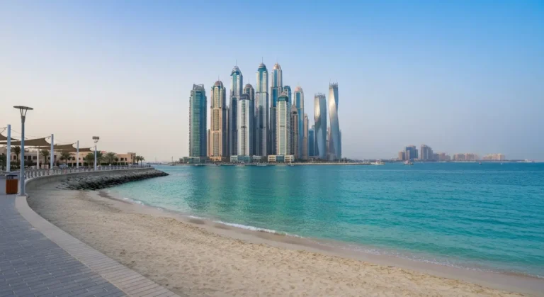 Widok na plażę JBR, turkusową wodę i wieżowce Dubai Marina