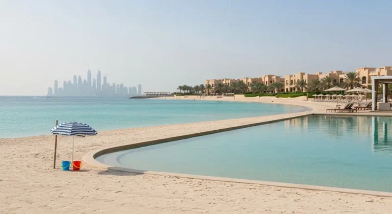 Rodzinna plaża w Jumeirah w Dubaju z palmami, spokojną wodą i hotelowym otoczeniem