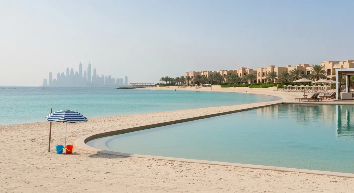 Rodzinna plaża w Jumeirah w Dubaju z palmami, spokojną wodą i hotelowym otoczeniem