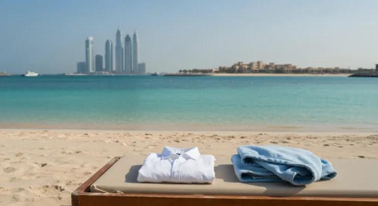 Zimowe popołudnie na plaży Jumeirah w Dubaju z widokiem na Zatokę Perską i lekką bluzą