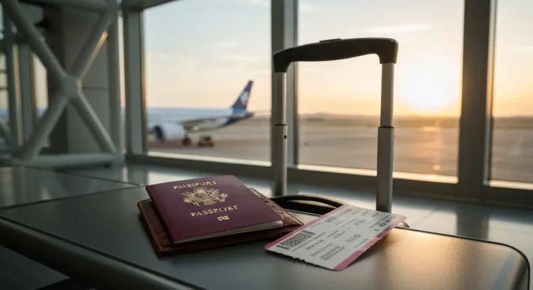 Paszport w etui obok walizki na lotnisku przed wyjazdem last minute do Egiptu