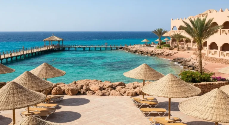 Pusty zacieniony pomost i plaża nad Morzem Czerwonym w Marsa Alam podczas czerwcowego upału