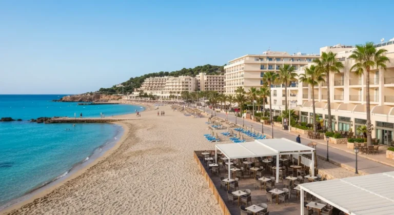 Plaża i promenada na Majorce z hotelami oraz palmami, porównanie klimatu El Arenal i Magaluf