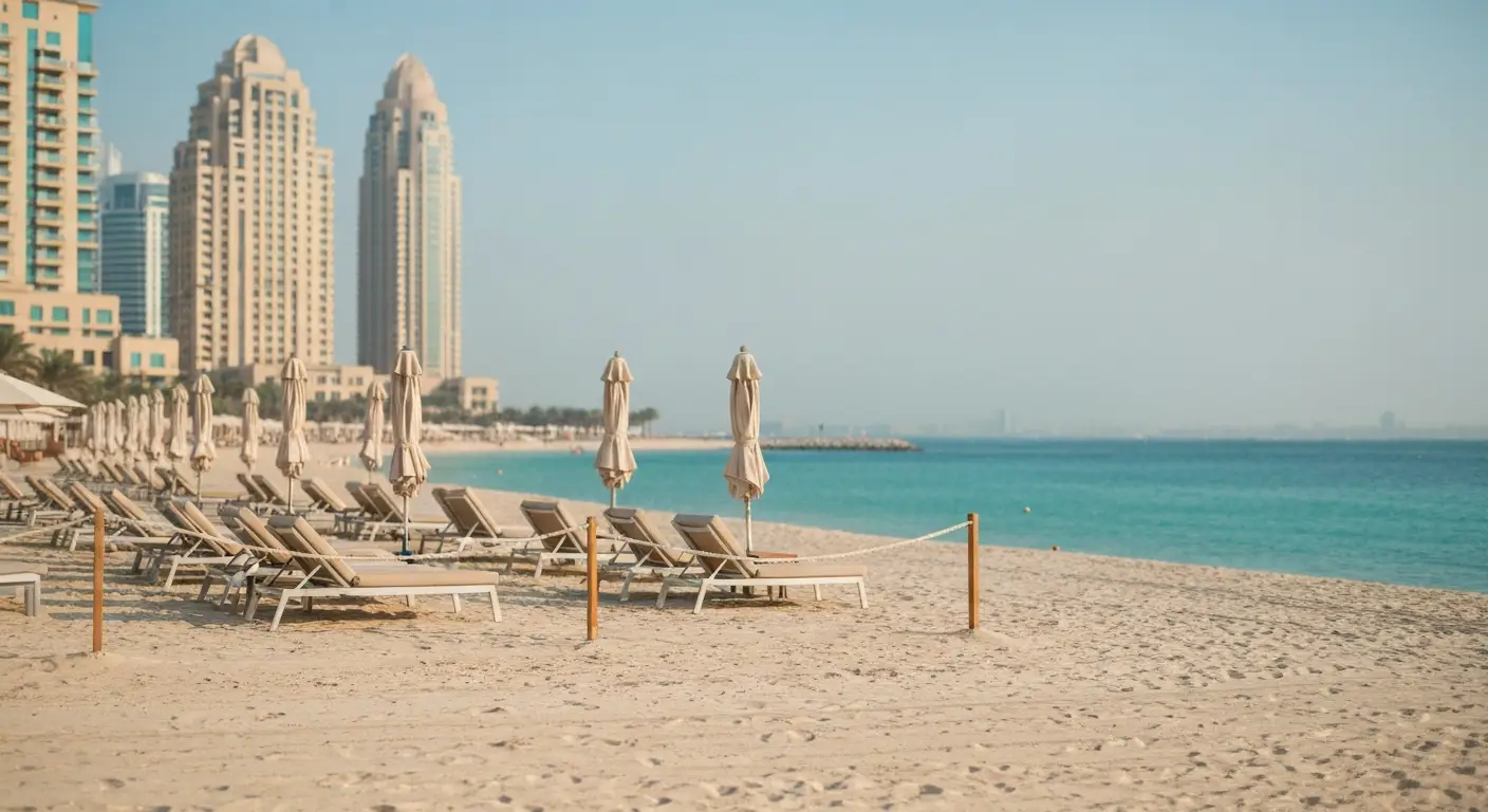 Leżaki i parasole przy plaży JBR w Dubaju z widokiem na publiczny brzeg
