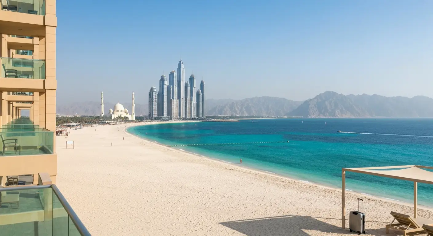 Plaża w Emiratach z panoramą Dubaju, spokojnym resortem i górami Ras al-Chajmy w tle