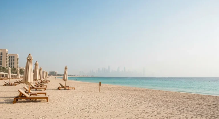 Spokojna plaża Jumeirah w Dubaju zimowym porankiem z ciepłym morzem i leżakami