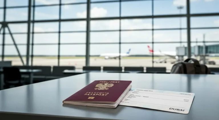 Polski paszport na stanowisku odprawy przed lotem z Polski do Emiratów