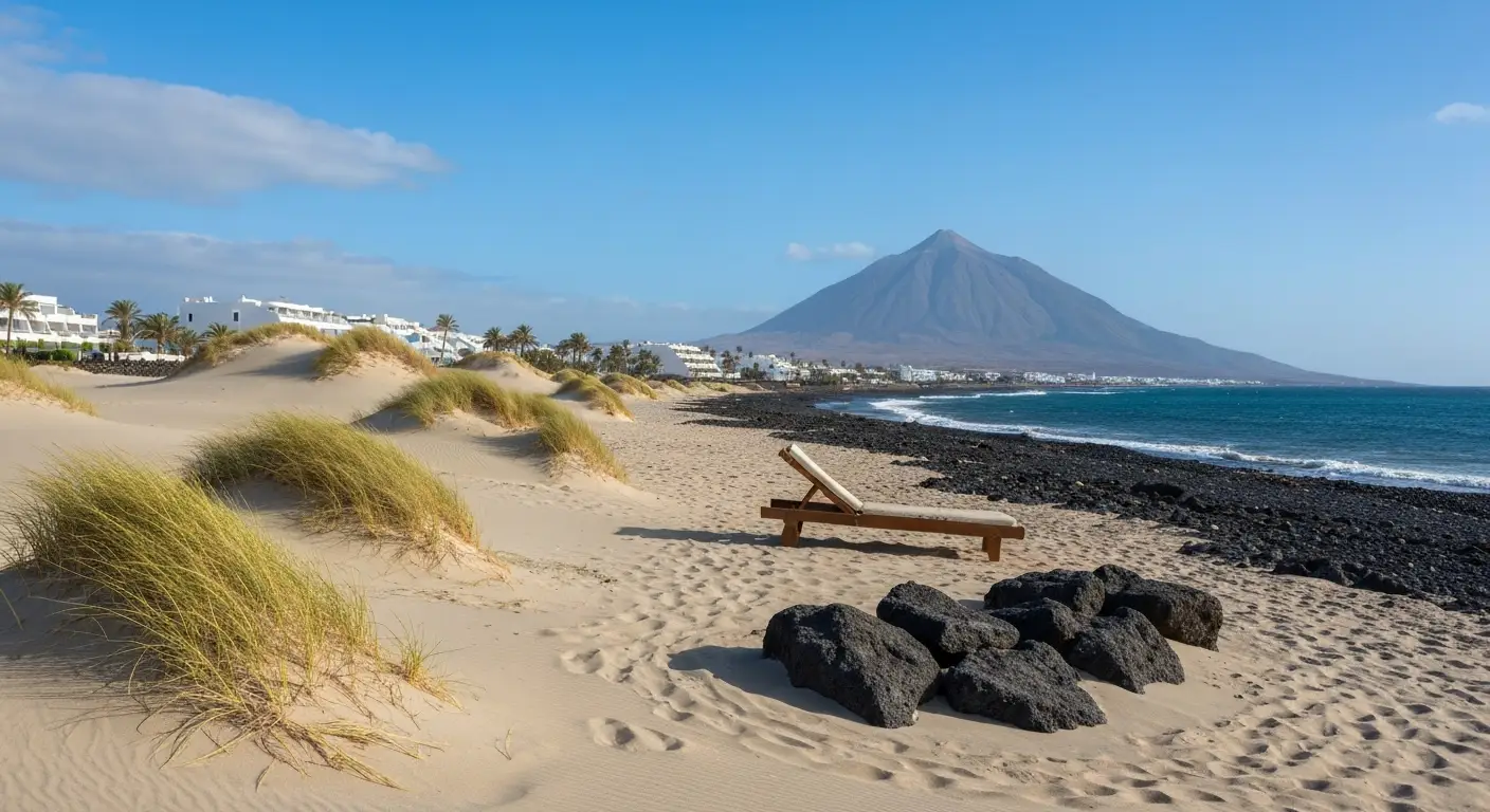 Wydmy Fuerteventury i wulkaniczny brzeg Teneryfy z Teide w oddali