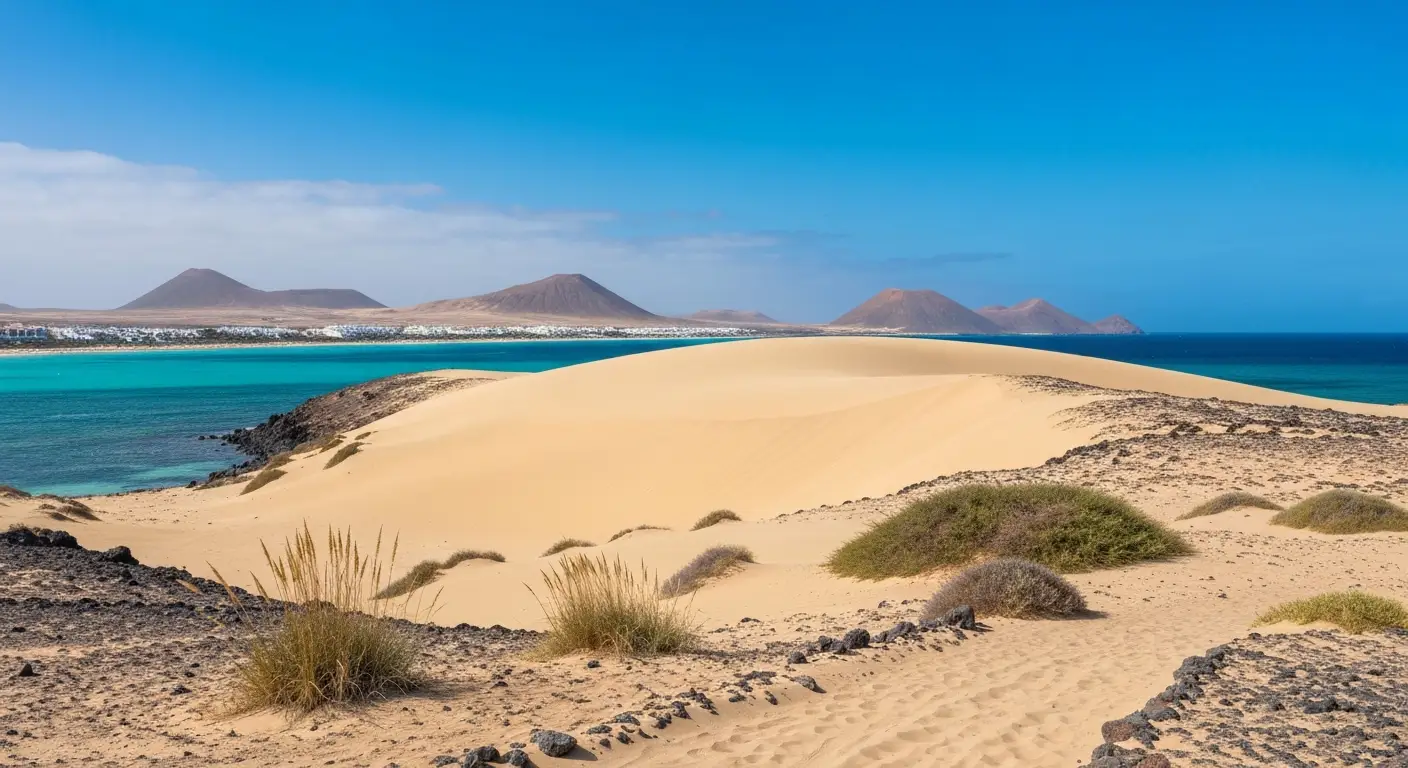 Wydmy i jasna plaża w okolicy Corralejo na Fuerteventurze